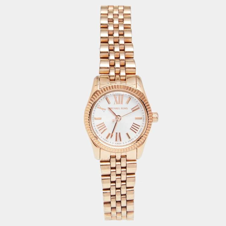 Pre Owned Michael Kors White Rose Gold Plated Stainless Steel Lexington MK3230 Women's Wristwatch 26 mm