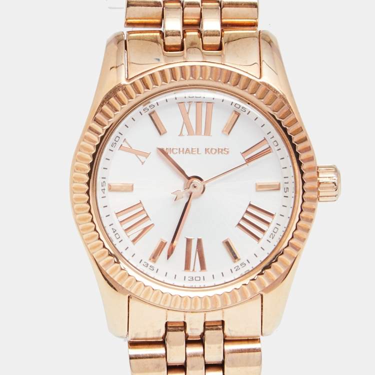 Pre Owned Michael Kors White Rose Gold Plated Stainless Steel Lexington MK3230 Women's Wristwatch 26 mm
