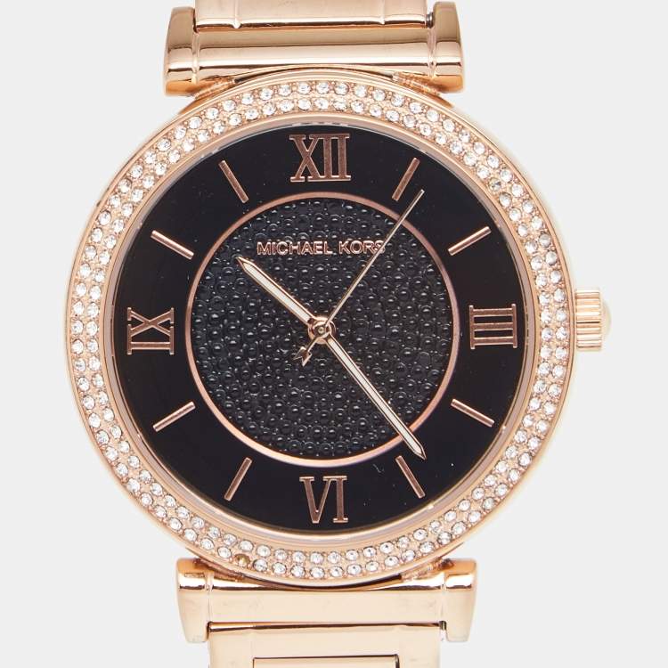 Pre Owned Michael Kors Black Rose Gold Plated Stainless Steel Catlin MK3356 Women's Wristwatch 38 mm