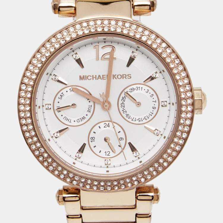 Pre Owned Michael Kors Silver Rose Gold Tone Stainless Steel Parker MK5781 Women's Wristwatch 38 mm