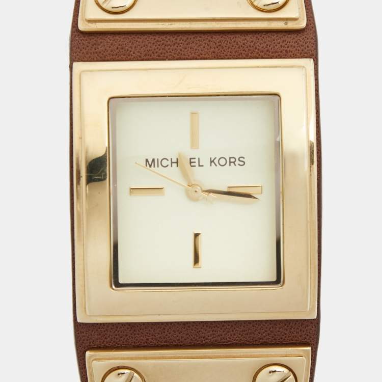 مملوكة مسبقًا Michael Kors Champagne Gold Plated Stainless Steel Leather MK2201 Women's Wristwatch 30 mm