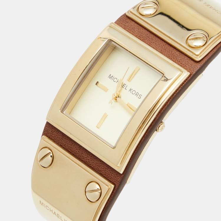 مملوكة مسبقًا Michael Kors Champagne Gold Plated Stainless Steel Leather MK2201 Women's Wristwatch 30 mm