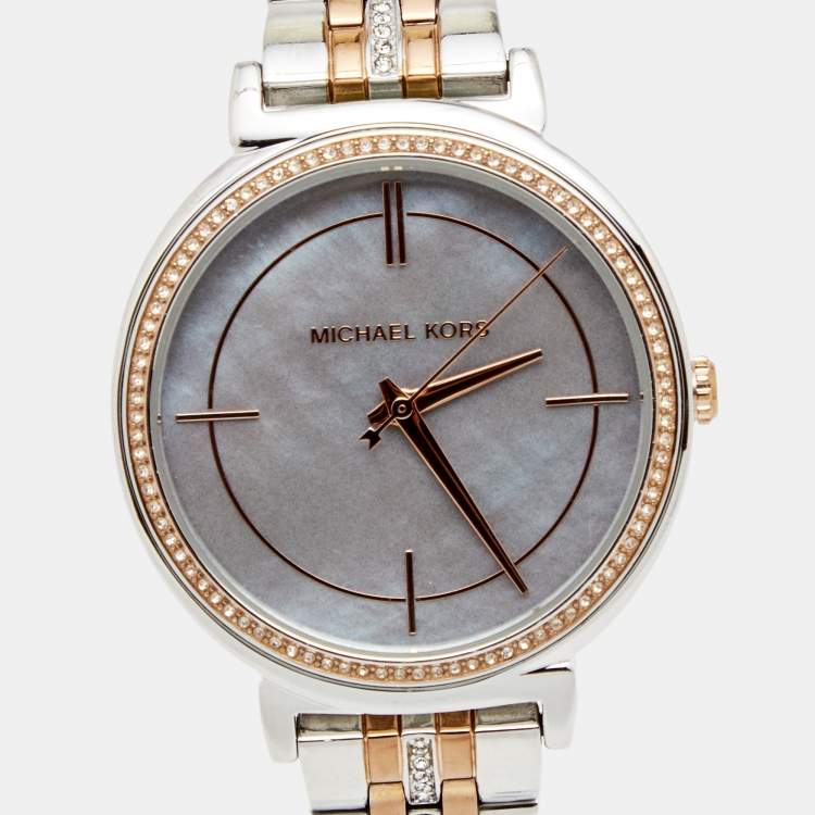 Pre Owned Michael Kors Mother of Pearl Two Tone Stainless Steel Cinthia MK-3642 Women's Wristwatch 33 mm 