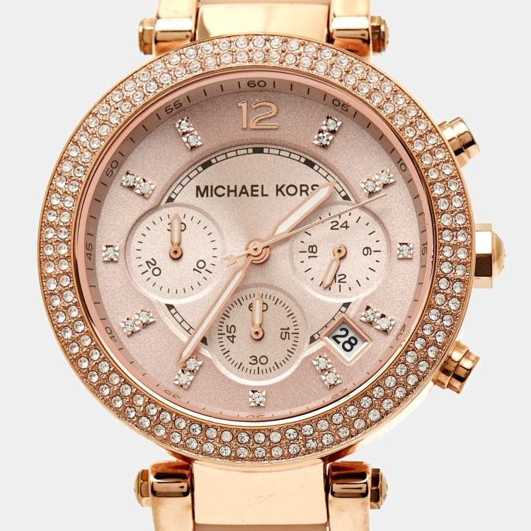 Pre Owned Michael Kors Champagne Gold Plated Stainless Steel Acetate Parker MK5896 Women's Wristwatch 39 mm