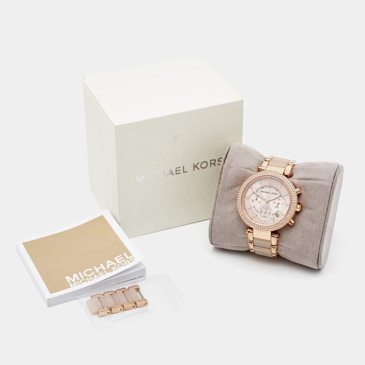 Pre Owned Michael Kors Champagne Gold Plated Stainless Steel Acetate Parker MK5896 Women's Wristwatch 39 mm