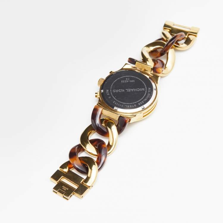 Pre Owned Michael Kors Yellow Gold Plated Stainless Steel Acrylic Chain Link MK4222 Women's Wristwatch 38 mm
