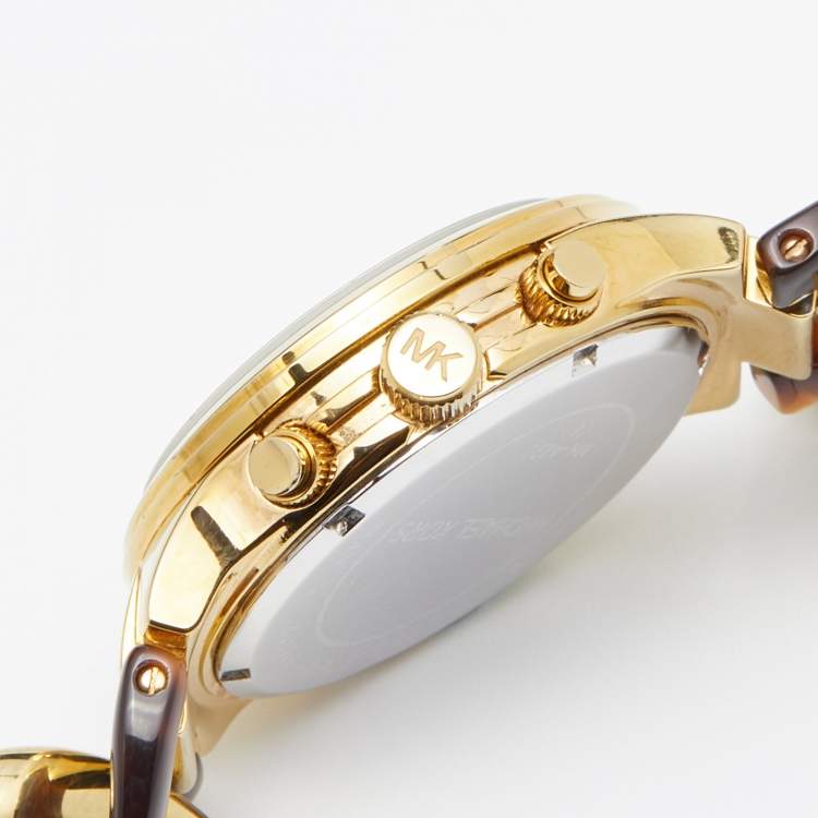 Pre Owned Michael Kors Yellow Gold Plated Stainless Steel Acrylic Chain Link MK4222 Women's Wristwatch 38 mm