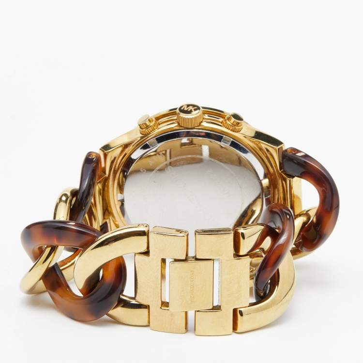 Pre Owned Michael Kors Yellow Gold Plated Stainless Steel Acrylic Chain Link MK4222 Women's Wristwatch 38 mm