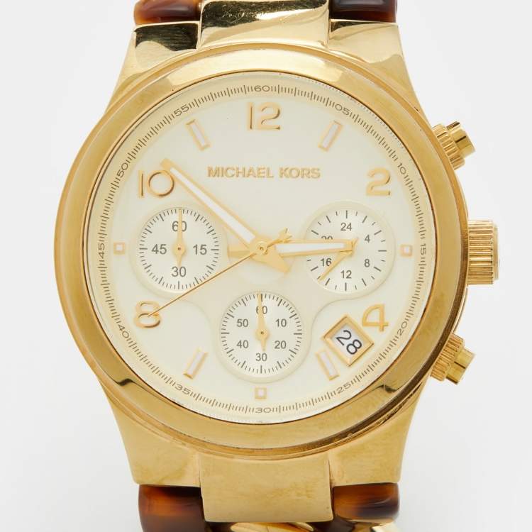 Pre Owned Michael Kors Yellow Gold Plated Stainless Steel Acrylic Chain Link MK4222 Women's Wristwatch 38 mm