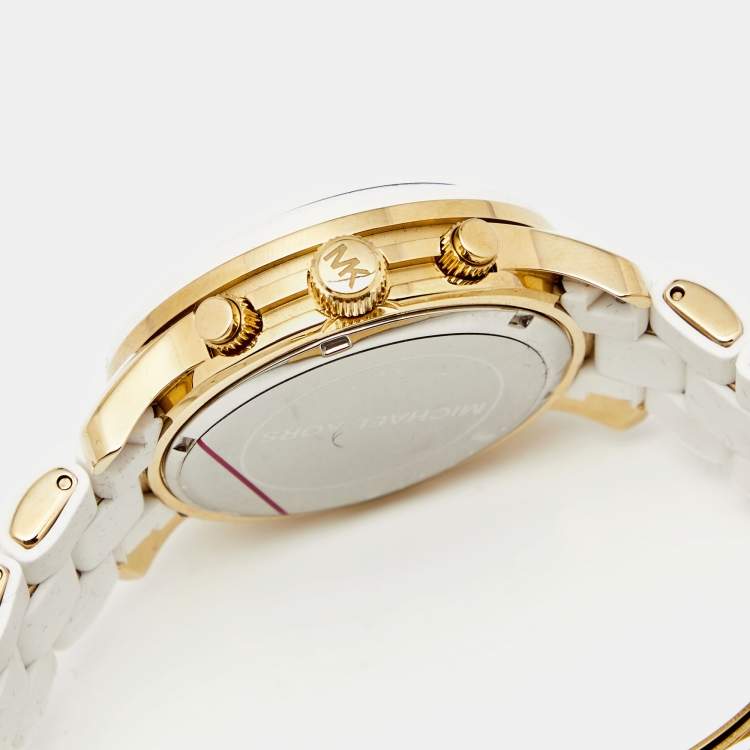 Pre Owned Michael Kors Silver Silicone Gold Plated Stainless Steel Runway MK5145 Women's Wristwatch 39 mm