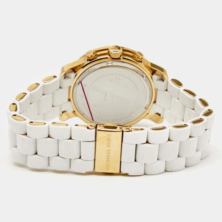 Pre Owned Michael Kors Silver Silicone Gold Plated Stainless Steel Runway MK5145 Women's Wristwatch 39 mm