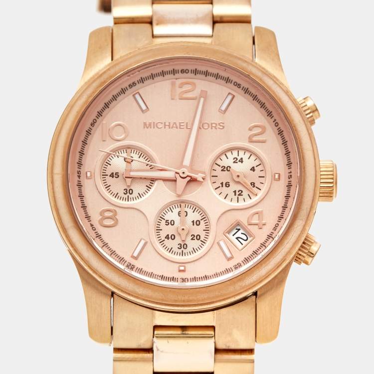 Pre Owned Michael Kors Champagne Rose Gold Plated Stainless Steel Runway MK5128 Women's Wristwatch 38 mm
