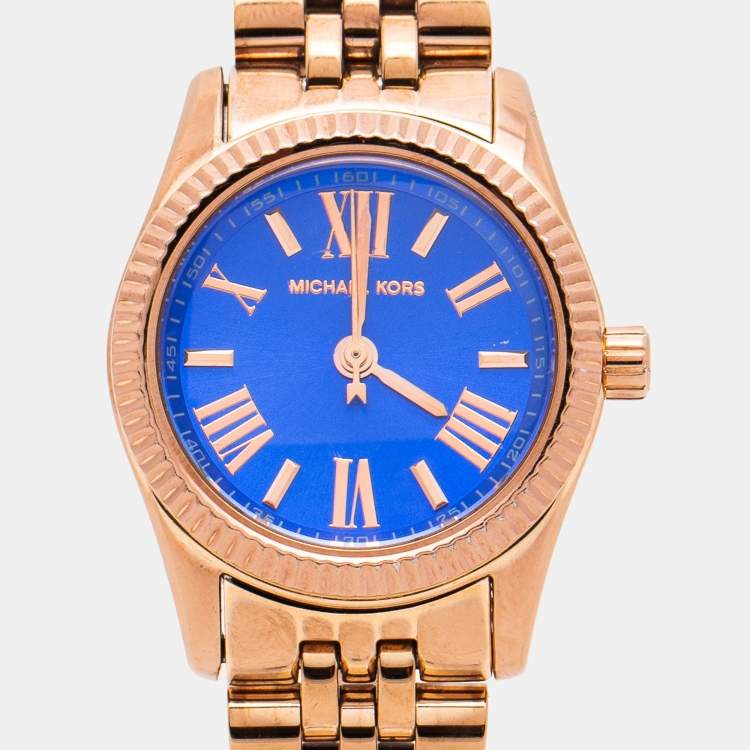 Pre Owned Michael Kors Blue Rose Gold Plated Stainless Steel Petite Lexington MK3272 Women's Wristwatch 26 mm