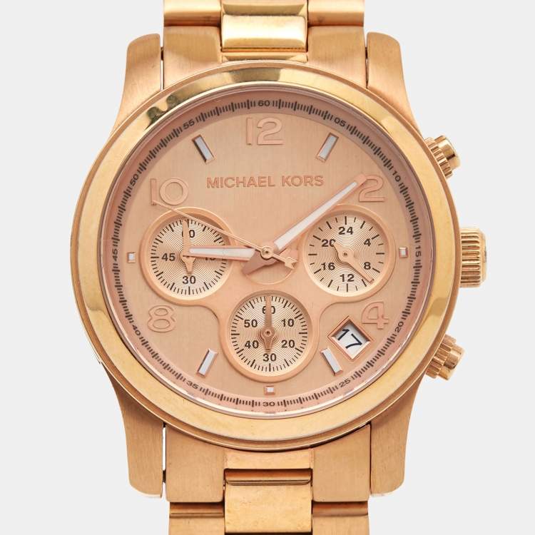 Pre Owned Mickael Kors Champagne Rose Gold Plated Stainless Steel Runway MK5128 Women's Wristwatch 38 mm