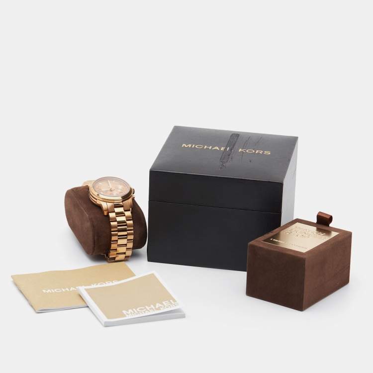 Pre Owned Mickael Kors Champagne Rose Gold Plated Stainless Steel Runway MK5128 Women's Wristwatch 38 mm