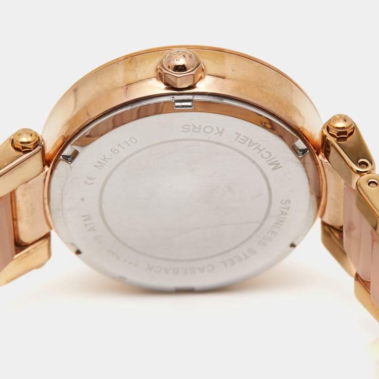 Pre Owned Michael Kors Champagne Rose Gold Plated Stainless Steel Acetate Mini Parker MK6110 Women's Wristwatch 33 mm