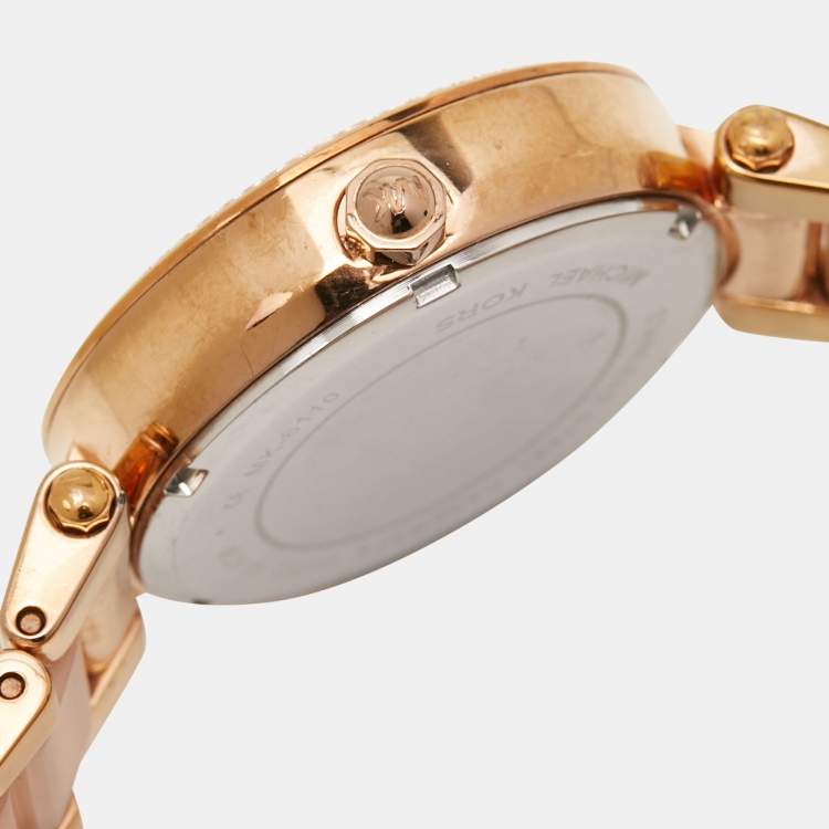 Pre Owned Michael Kors Champagne Rose Gold Plated Stainless Steel Acetate Mini Parker MK6110 Women's Wristwatch 33 mm