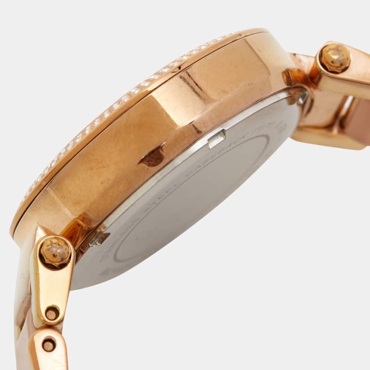 Pre Owned Michael Kors Champagne Rose Gold Plated Stainless Steel Acetate Mini Parker MK6110 Women's Wristwatch 33 mm