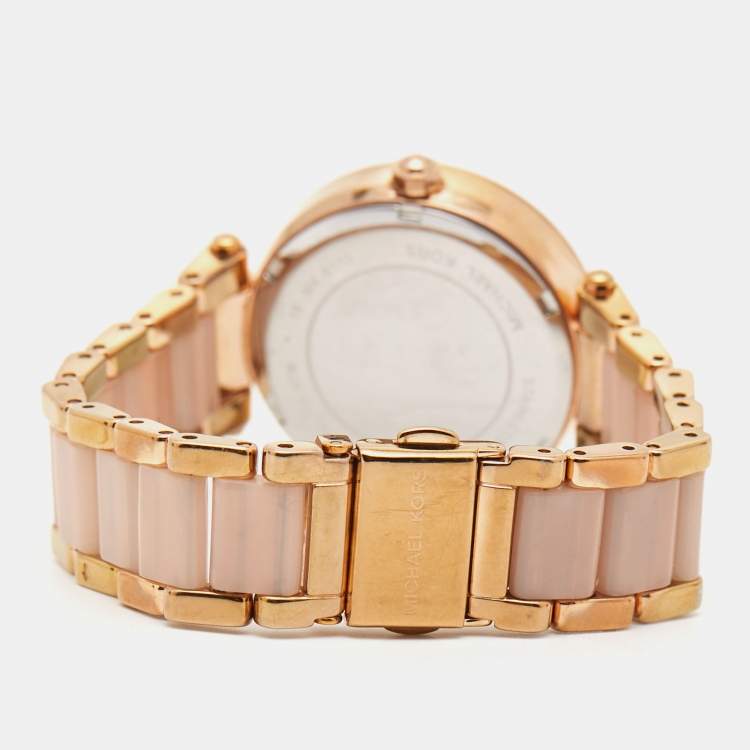 Pre Owned Michael Kors Champagne Rose Gold Plated Stainless Steel Acetate Mini Parker MK6110 Women's Wristwatch 33 mm