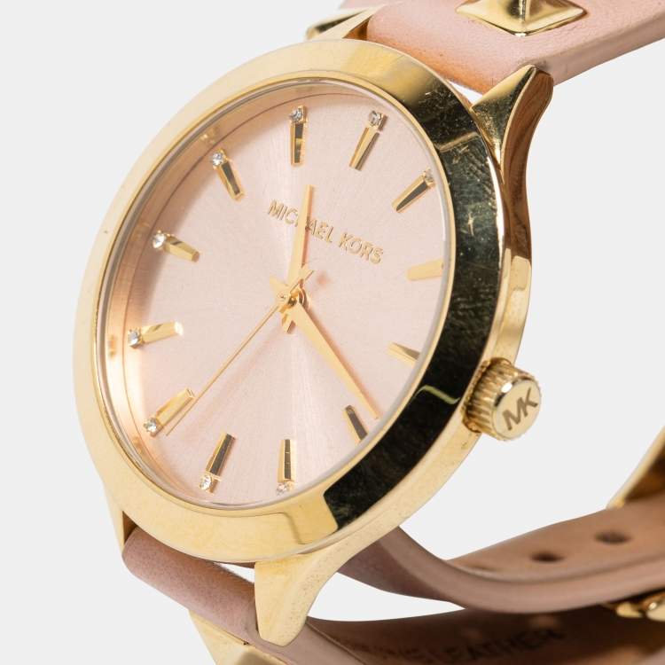 Pre Owned Michael Kors Champagne Gold Plated Stainless Steel Leather MK2681 Women's Wristwatch 38 mm