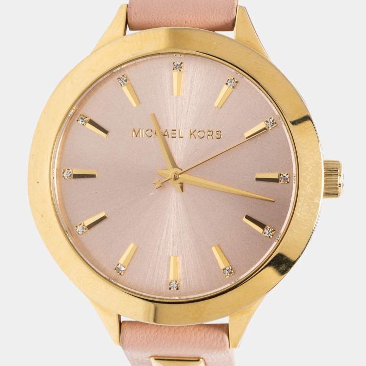 Pre Owned Michael Kors Champagne Gold Plated Stainless Steel Leather MK2681 Women's Wristwatch 38 mm