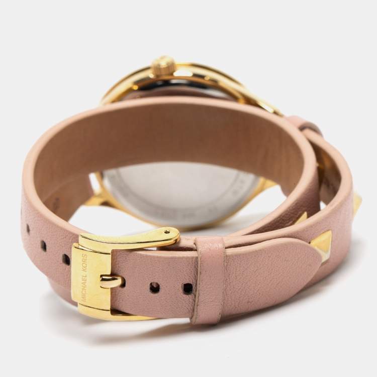 Pre Owned Michael Kors Champagne Gold Plated Stainless Steel Leather MK2681 Women's Wristwatch 38 mm
