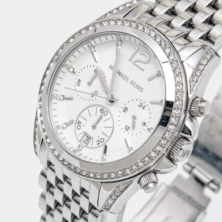 Pre Owned Michael Kors White Stainless Steel Pressley MK5863 Women's Wristwatch 39 mm