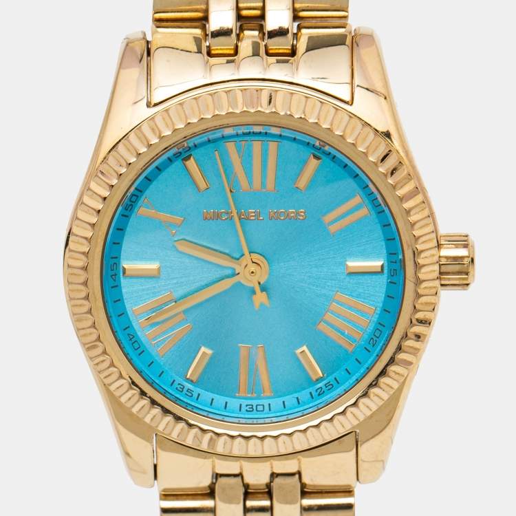 Pre Owned Michael Kors Blue Gold Plated Stainless Steel Lexington MK3271 Women's Wristwatch 26 mm
