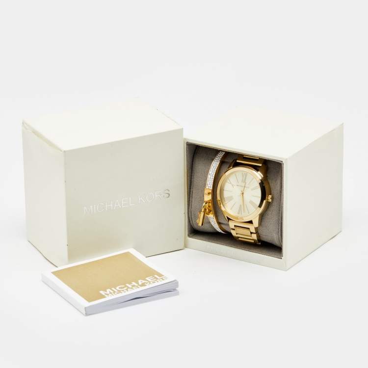 Pre Owned Michael Kors Champagne Gold Plated Stainless Steel Hartman MK3490 Women's Wristwatch Set 38 mm