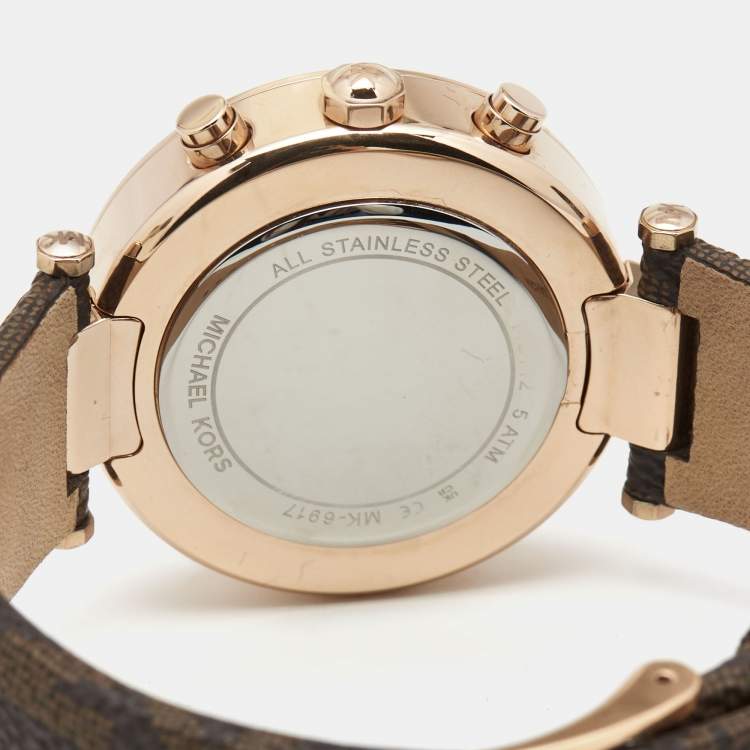 Pre Owned Michael Kors White Rose Gold Plated Stainless Steel Leather Parker MK6917 Women's Wristwatch 39 mm 
