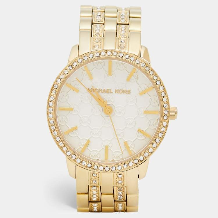 Michael Kors White Crystal Embellished Gold Plated Stainless Steel Nini ...
