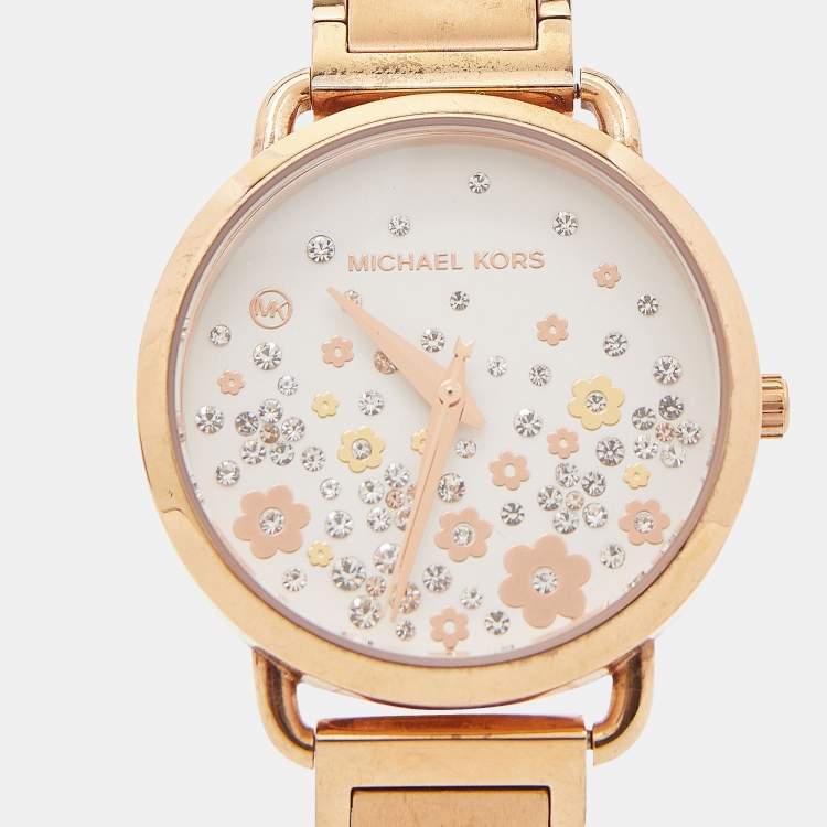Pre Owned Michael Kors White Rose Gold Plated Stainless Steel Mini Portia MK3841 Women's Wristwatch 32 mm