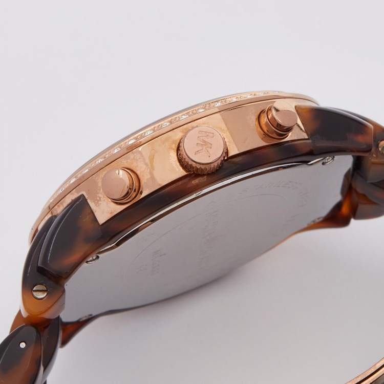 Pre Owned Michael Kors Brown Mother Of Pearl Rose Gold Plated Stainless Steel Acetate Showstopper MK5366 Women' Wristwatch 43 mm