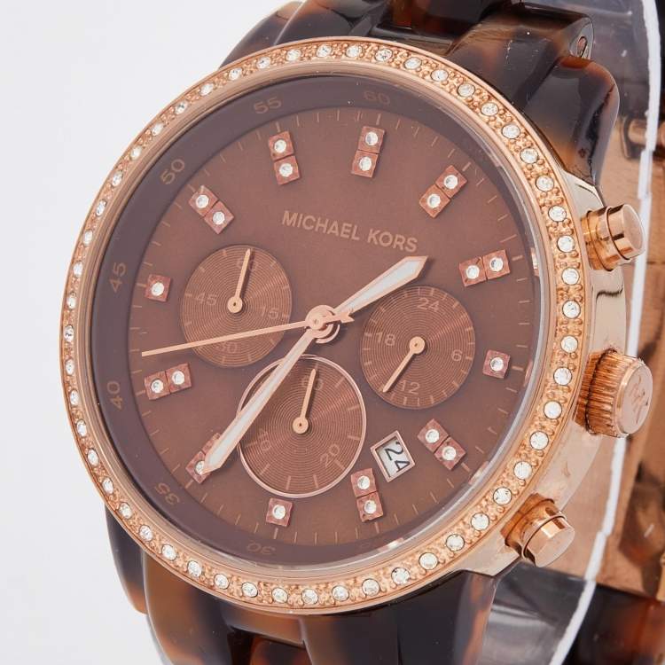 Pre Owned Michael Kors Brown Mother Of Pearl Rose Gold Plated Stainless Steel Acetate Showstopper MK5366 Women' Wristwatch 43 mm