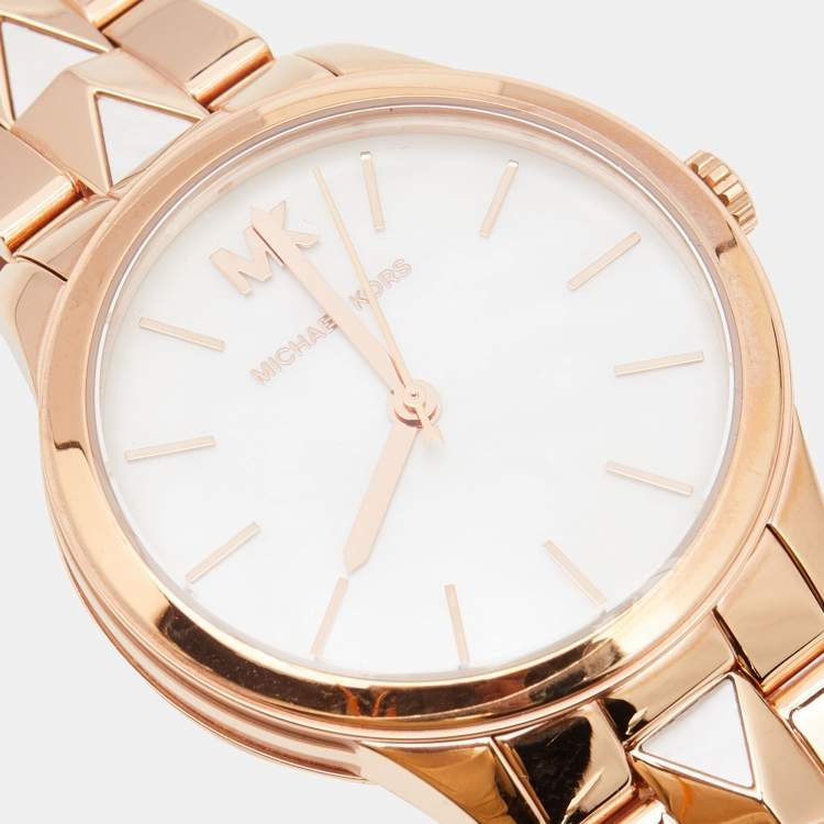 Pre Owned Michael Kors Mother Of Pearl Rose Gold Plated Stainless Steel Runway Mercer MK6671 Women's Wristwatch 38 mm