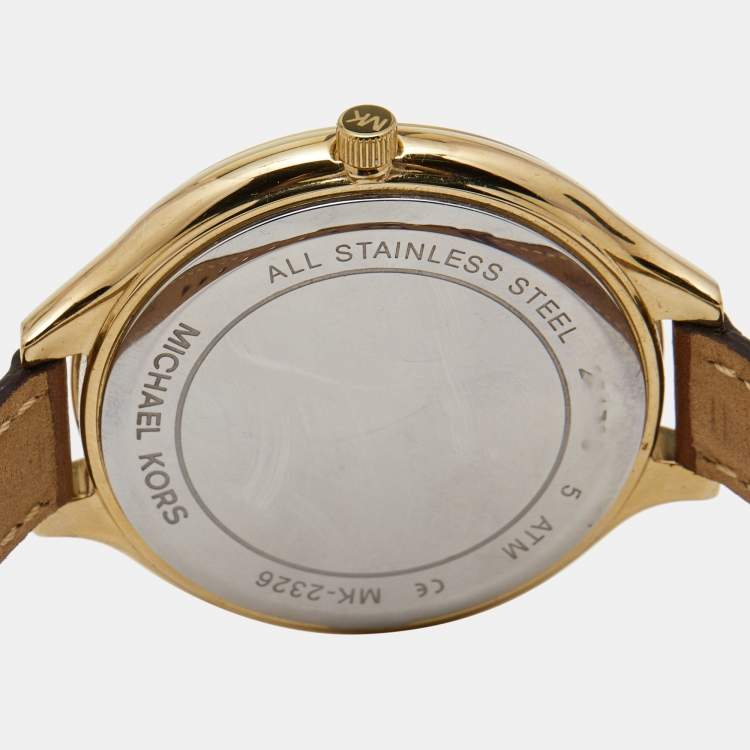 Pre Owned Michael Kors Champagne Gold Plated Stainless Steel Leather Slim Runway MK2326 Women's Wristwatch 42 mm
