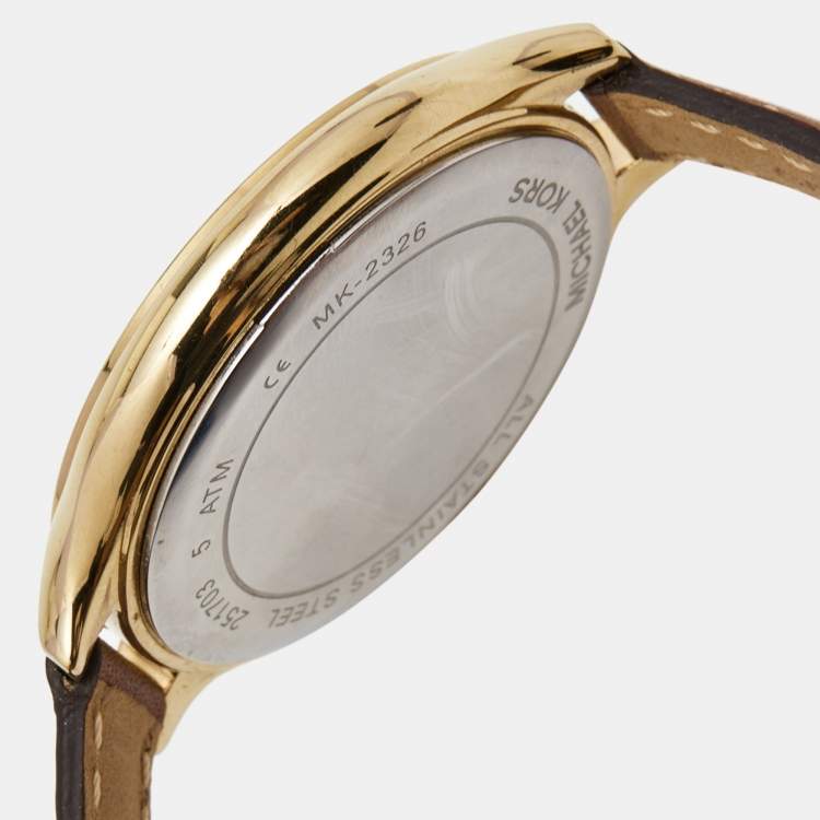 Pre Owned Michael Kors Champagne Gold Plated Stainless Steel Leather Slim Runway MK2326 Women's Wristwatch 42 mm