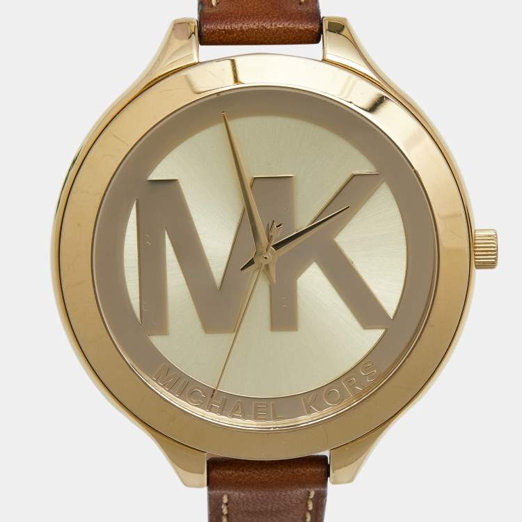 Pre Owned Michael Kors Champagne Gold Plated Stainless Steel Leather Slim Runway MK2326 Women's Wristwatch 42 mm