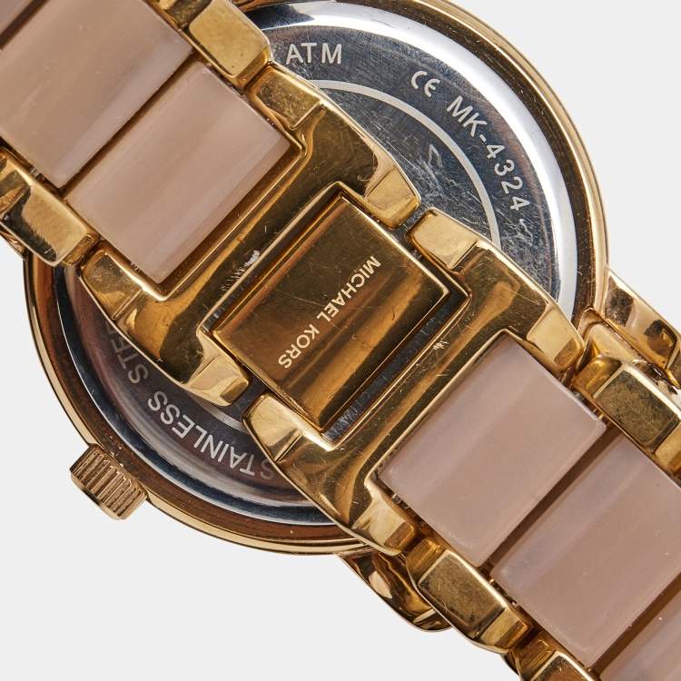 Pre Owned Michael Kors Champagne Rose Gold Plated Stainless Steel Acetate Runway MK4324 Women's Wristwatch 38 mm