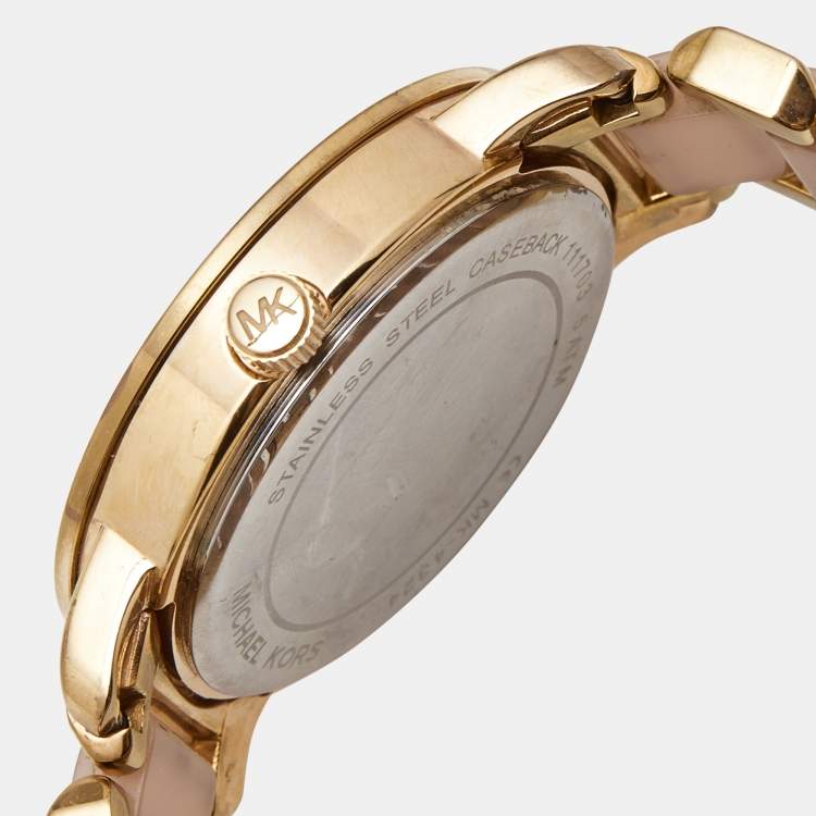 Pre Owned Michael Kors Champagne Rose Gold Plated Stainless Steel Acetate Runway MK4324 Women's Wristwatch 38 mm