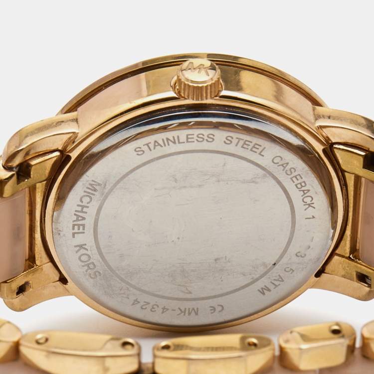 Pre Owned Michael Kors Champagne Rose Gold Plated Stainless Steel Acetate Runway MK4324 Women's Wristwatch 38 mm