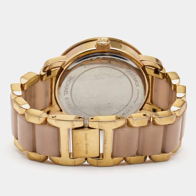 Pre Owned Michael Kors Champagne Rose Gold Plated Stainless Steel Acetate Runway MK4324 Women's Wristwatch 38 mm