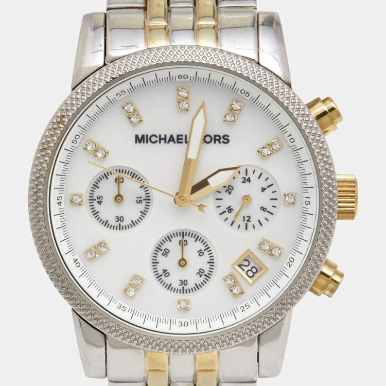 مملو�كة مسبقًا Michael Kors White Mother Of Pearl Two-Tone Stainless Steel Ritz MK5057 Women's Wristwatch 38 mm