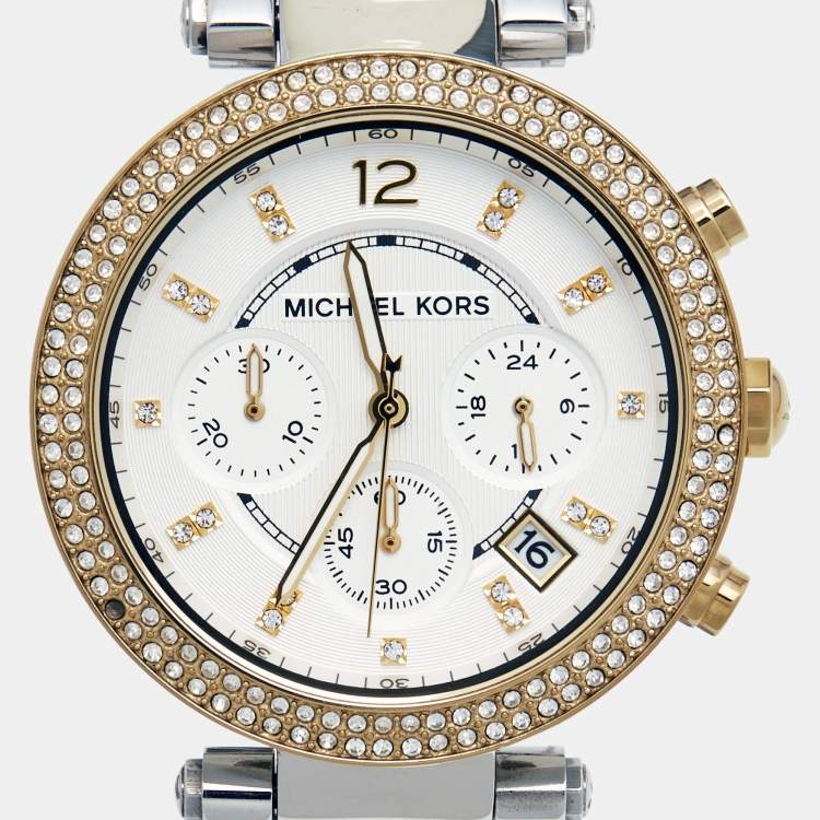 Pre Owned Michael Kors Silver White Dial Two-Tone Stainless Steel Parker MK5626 Women's Wristwatch 39 mm