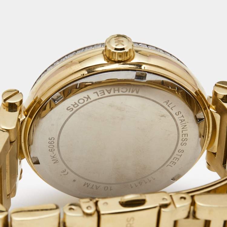 Pre Owned Michael Kors Green Yellow Gold Plated Stainless Steel Crystal Skylar MK6065 Women's Wristwatch 41 mm