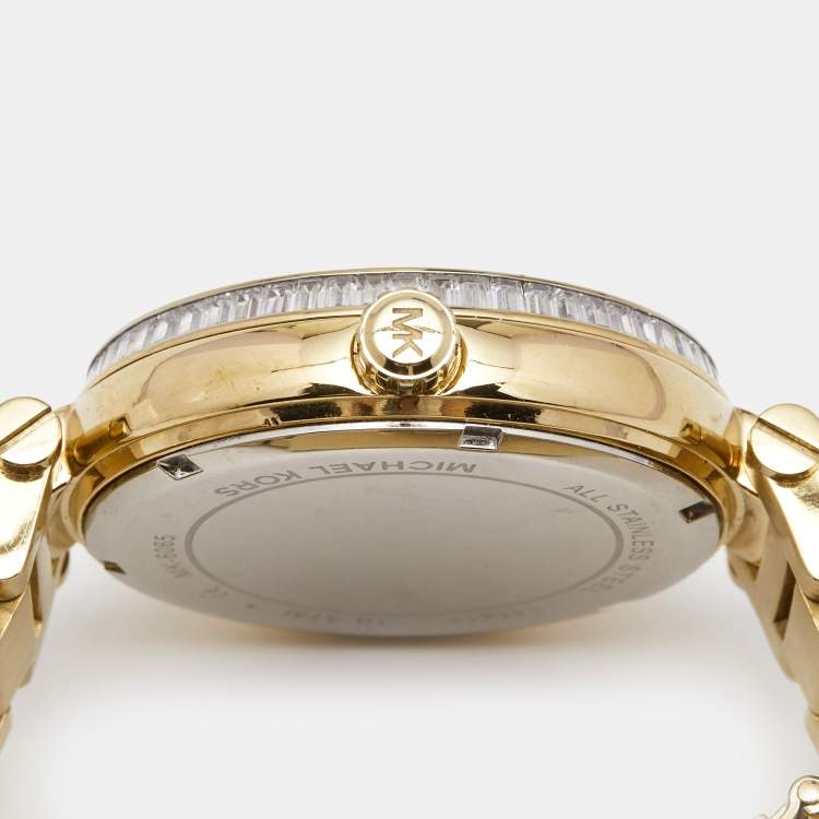 Pre Owned Michael Kors Green Yellow Gold Plated Stainless Steel Crystal Skylar MK6065 Women's Wristwatch 41 mm