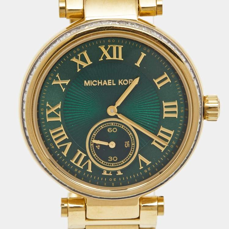Pre Owned Michael Kors Green Yellow Gold Plated Stainless Steel Crystal Skylar MK6065 Women's Wristwatch 41 mm