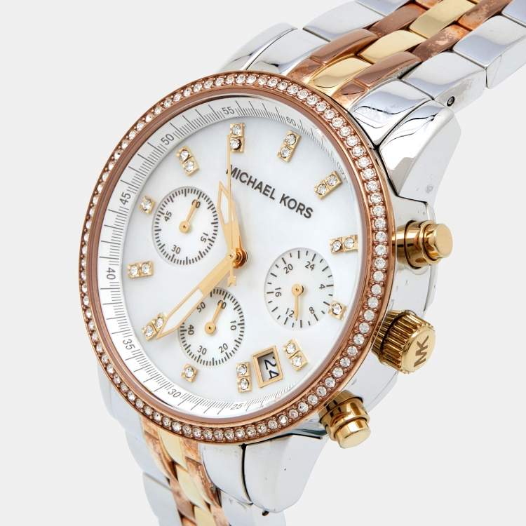 Pre Owned Michael Kors Mother Of Pearl Tri-Tone Ritz MK5650 Women's Wristwatch 36 mm