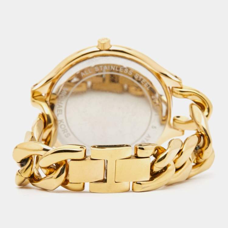 Pre Owned Michael Kors Champagne Gold Plated Stainless Steel Slim Runway MK3222 Woman's Wristwatch 41 mm