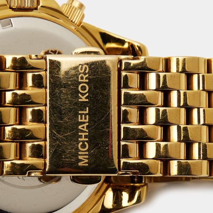 Pre Owned Michael Kors White Dial Gold Plated Stainless Steel Crystal Embellished Pressly MK5835 Women's Wristwatch 39 mm